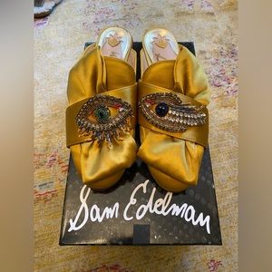 Sam Edelman gold silk loafers with beaded eyes Peter's gold fabric